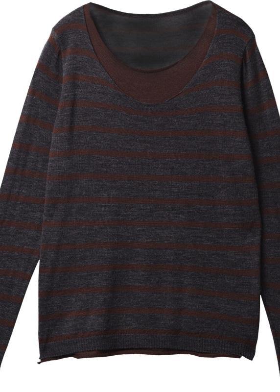 For fall striped knitted t shirt casual false two piecesknit sweat tops o neck - SooLinen