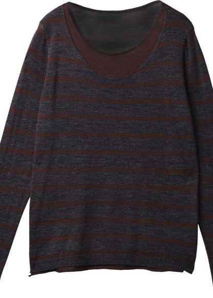For fall striped knitted t shirt casual false two piecesknit sweat tops o neck - SooLinen