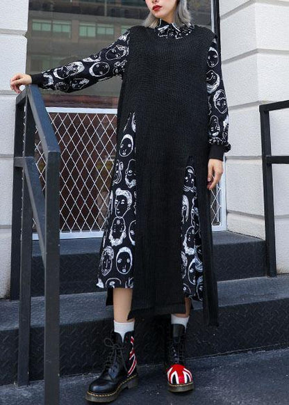 For two pieces Sweater Aesthetic plus size black asymmetric Big knit top fall - SooLinen