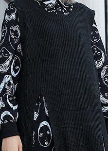 For two pieces Sweater Aesthetic plus size black asymmetric Big knit top fall - SooLinen