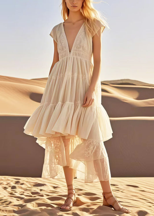 French Apricot Asymmetrical Design Cotton Long Dresses Summer