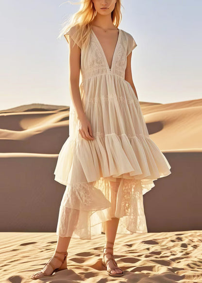 French Apricot Asymmetrical Design Cotton Long Dresses Summer