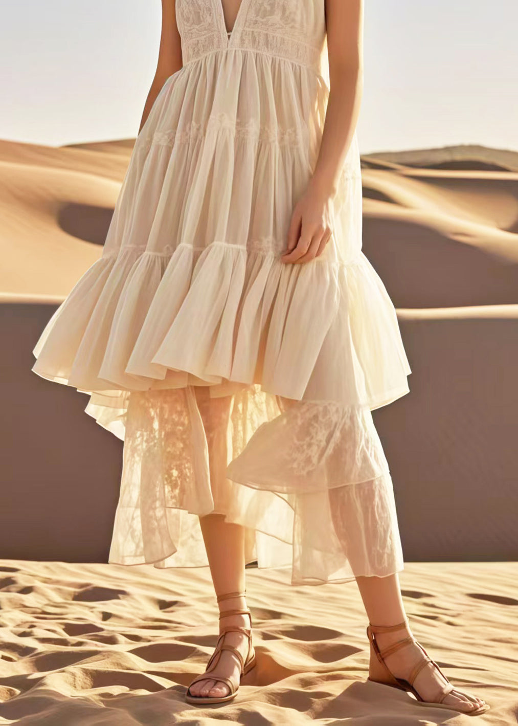 French Apricot Asymmetrical Design Cotton Long Dresses Summer