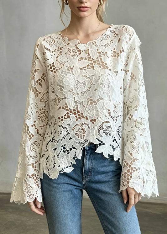 French Apricot Asymmetrical Hollow Out Lace Shirts Fall