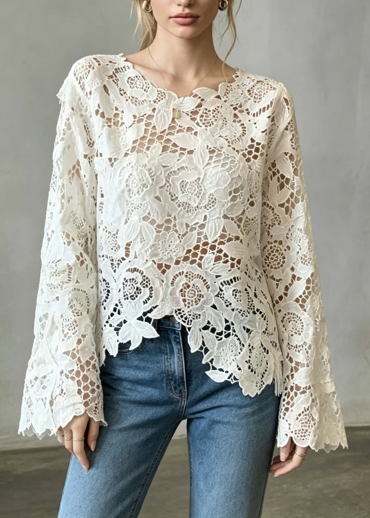 French Apricot Asymmetrical Hollow Out Lace Shirts Fall