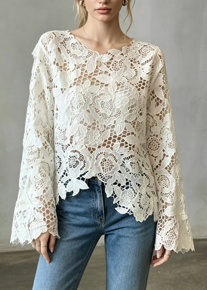 French Apricot Asymmetrical Hollow Out Lace Shirts Fall