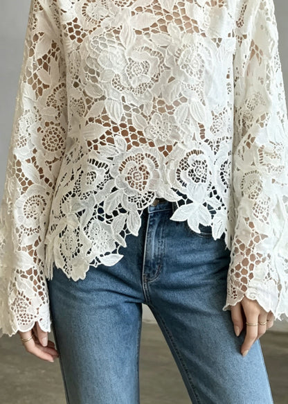 French Apricot Asymmetrical Hollow Out Lace Shirts Fall