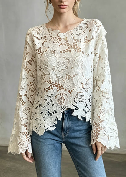 French Apricot Asymmetrical Hollow Out Lace Shirts Fall