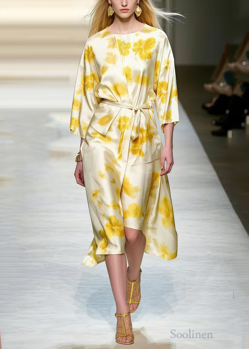 French Apricot Asymmetrical Print Silk Work Dresses Spring