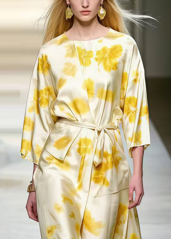 French Apricot Asymmetrical Print Silk Work Dresses Spring