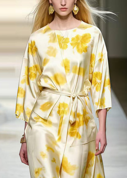 French Apricot Asymmetrical Print Silk Work Dresses Spring