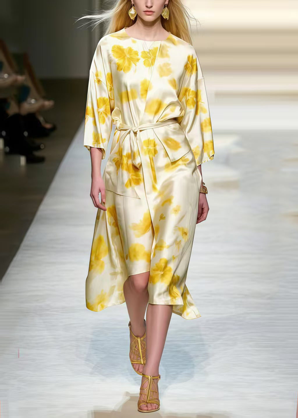 French Apricot Asymmetrical Print Silk Work Dresses Spring