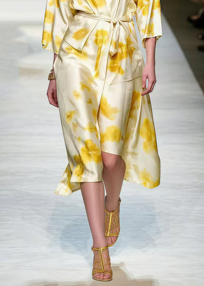 French Apricot Asymmetrical Print Silk Work Dresses Spring