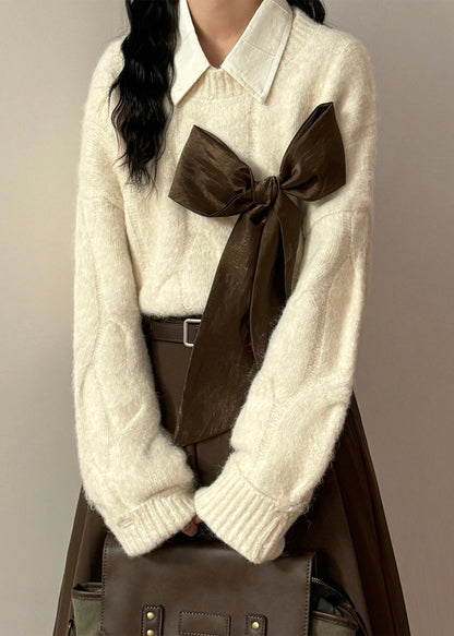 French Apricot Bow Hole Cozy Knit Sweaters Spring