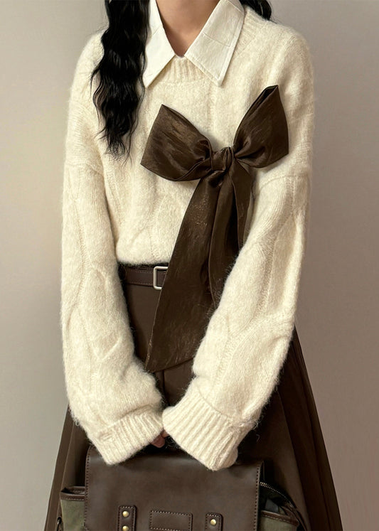 French Apricot Bow Hole Cozy Knit Sweaters Spring