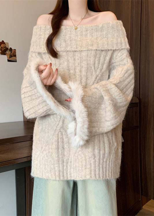 French Apricot Cold Shoulder Patchwork Faux Fur Knit Shirts Winter