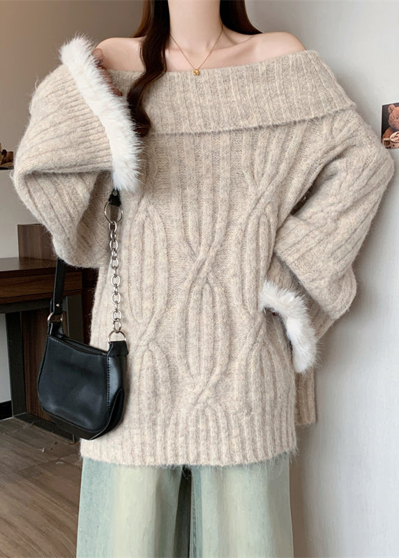 French Apricot Cold Shoulder Patchwork Faux Fur Knit Shirts Winter