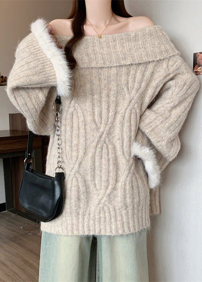 French Apricot Cold Shoulder Patchwork Faux Fur Knit Shirts Winter