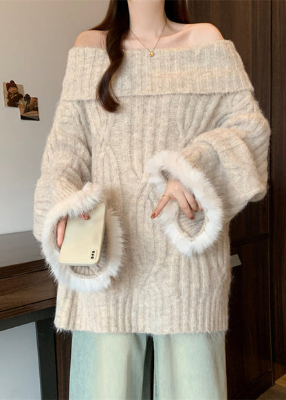 French Apricot Cold Shoulder Patchwork Faux Fur Knit Shirts Winter