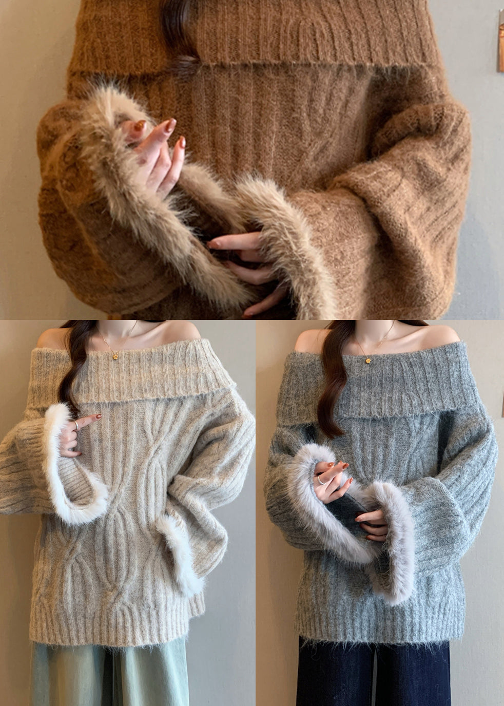 French Apricot Cold Shoulder Patchwork Faux Fur Knit Shirts Winter