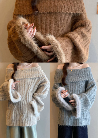 French Apricot Cold Shoulder Patchwork Faux Fur Knit Shirts Winter