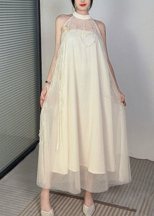 French Apricot Cold Shoulder Patchwork Tulle Dress Sleeveless