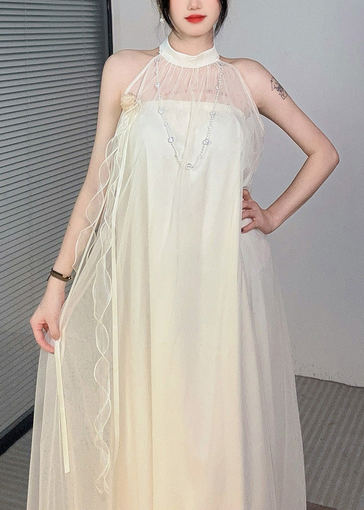 French Apricot Cold Shoulder Patchwork Tulle Dress Sleeveless