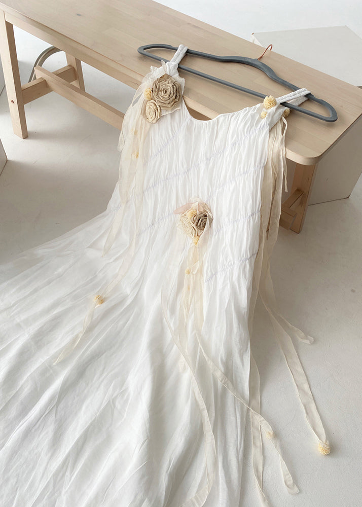 French Apricot Floral Decorated Pleated Dress For Summer 2025