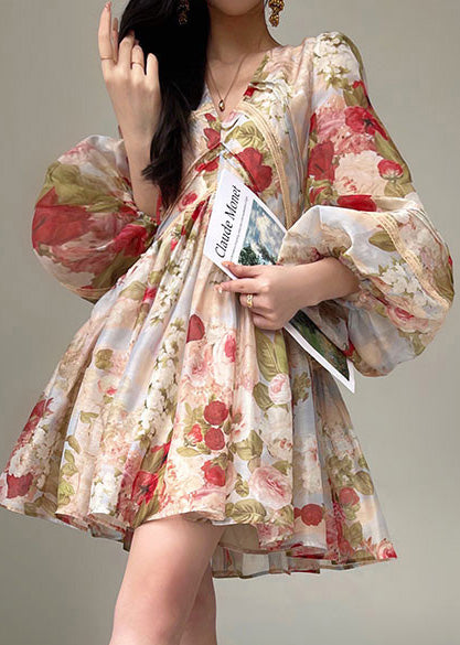 French Apricot Flower Print Silk Evening Dresses Lantern Sleeve