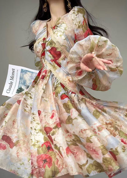 French Apricot Flower Print Silk Evening Dresses Lantern Sleeve