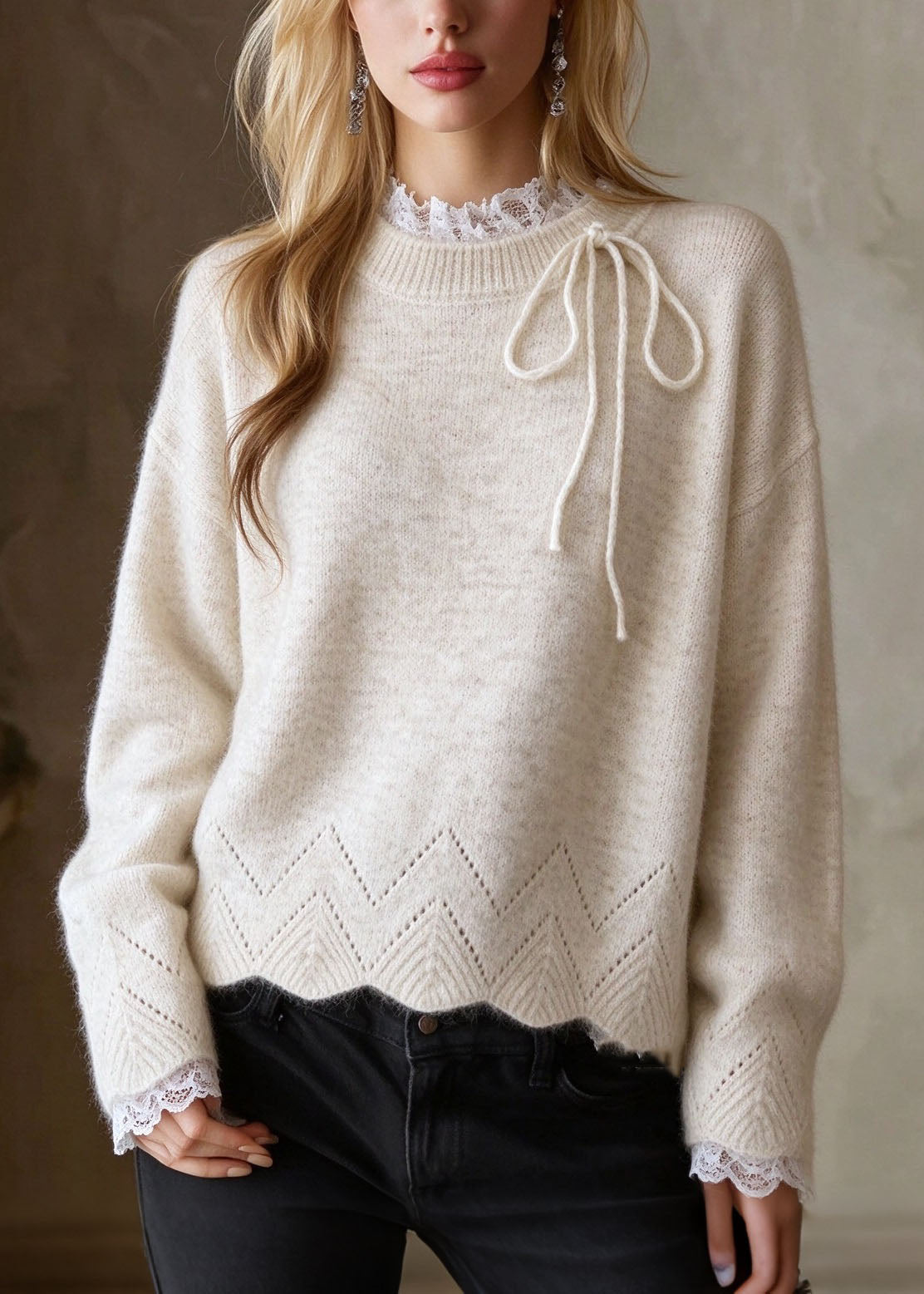 French Apricot Lace Patchwork Thick Knit Sweaters Tops Fall