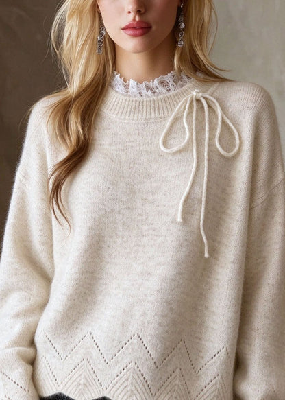 French Apricot Lace Patchwork Thick Knit Sweaters Tops Fall