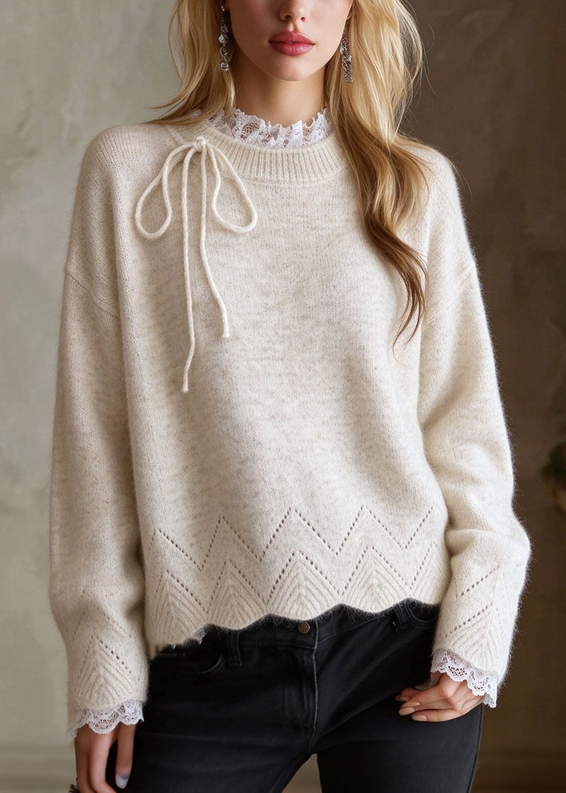 French Apricot Lace Patchwork Thick Knit Sweaters Tops Fall