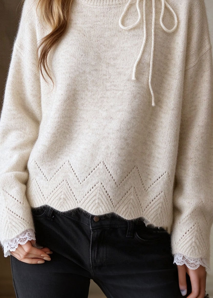 French Apricot Lace Patchwork Thick Knit Sweaters Tops Fall