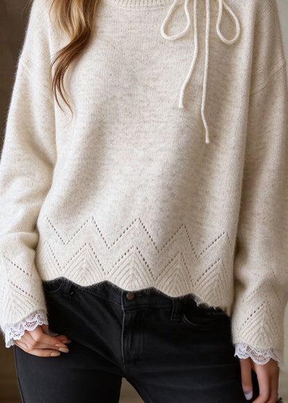 French Apricot Lace Patchwork Thick Knit Sweaters Tops Fall