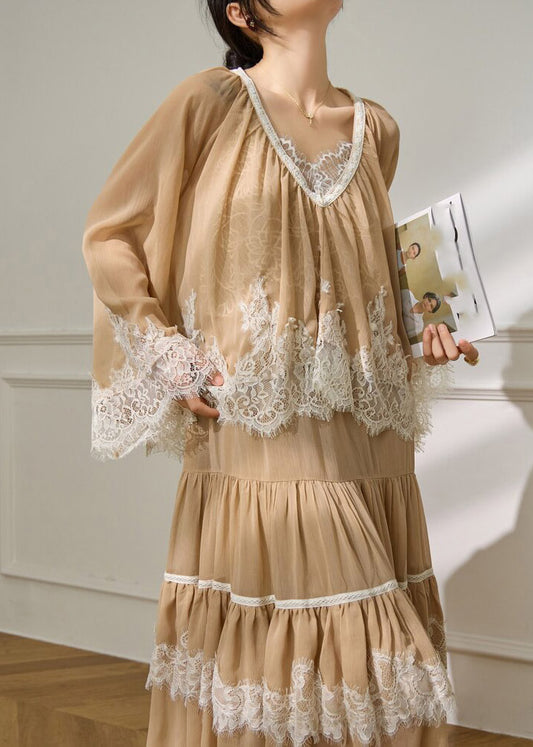 French Apricot Lace Patchwork Top And Maxi Skirts Two Pieces Set Flare Sleeve
