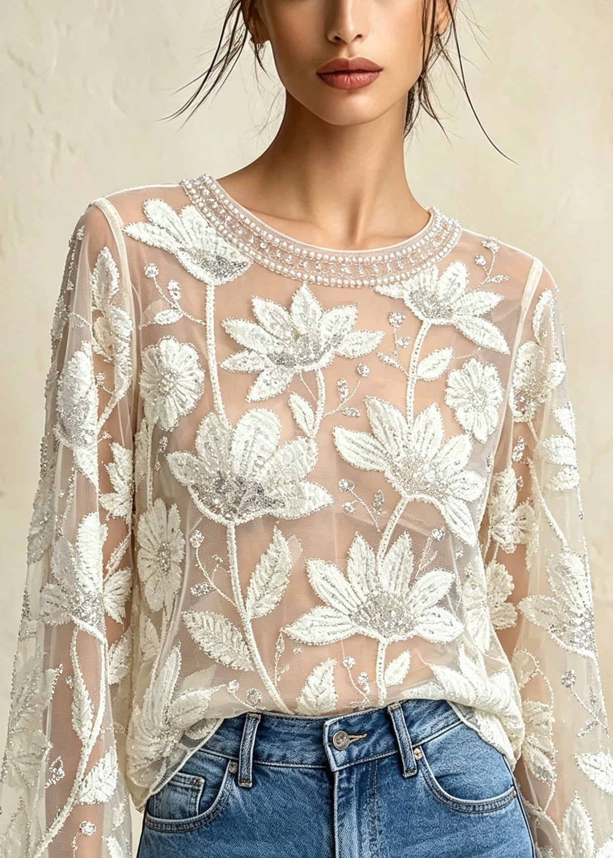 French Apricot O Neck Embroidered Floral Nail Bead Tulle Top Fall