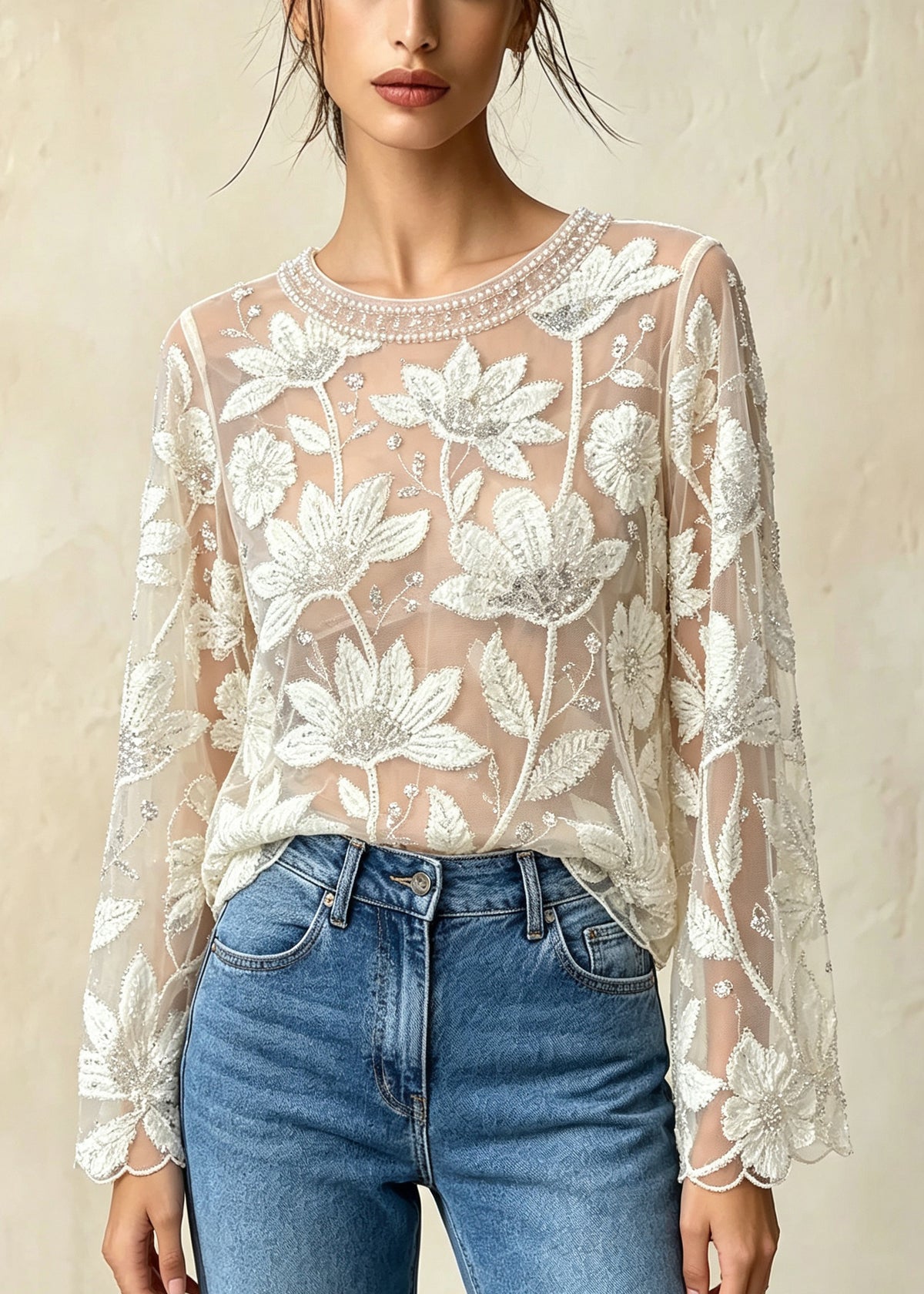 French Apricot O Neck Embroidered Floral Nail Bead Tulle Top Fall