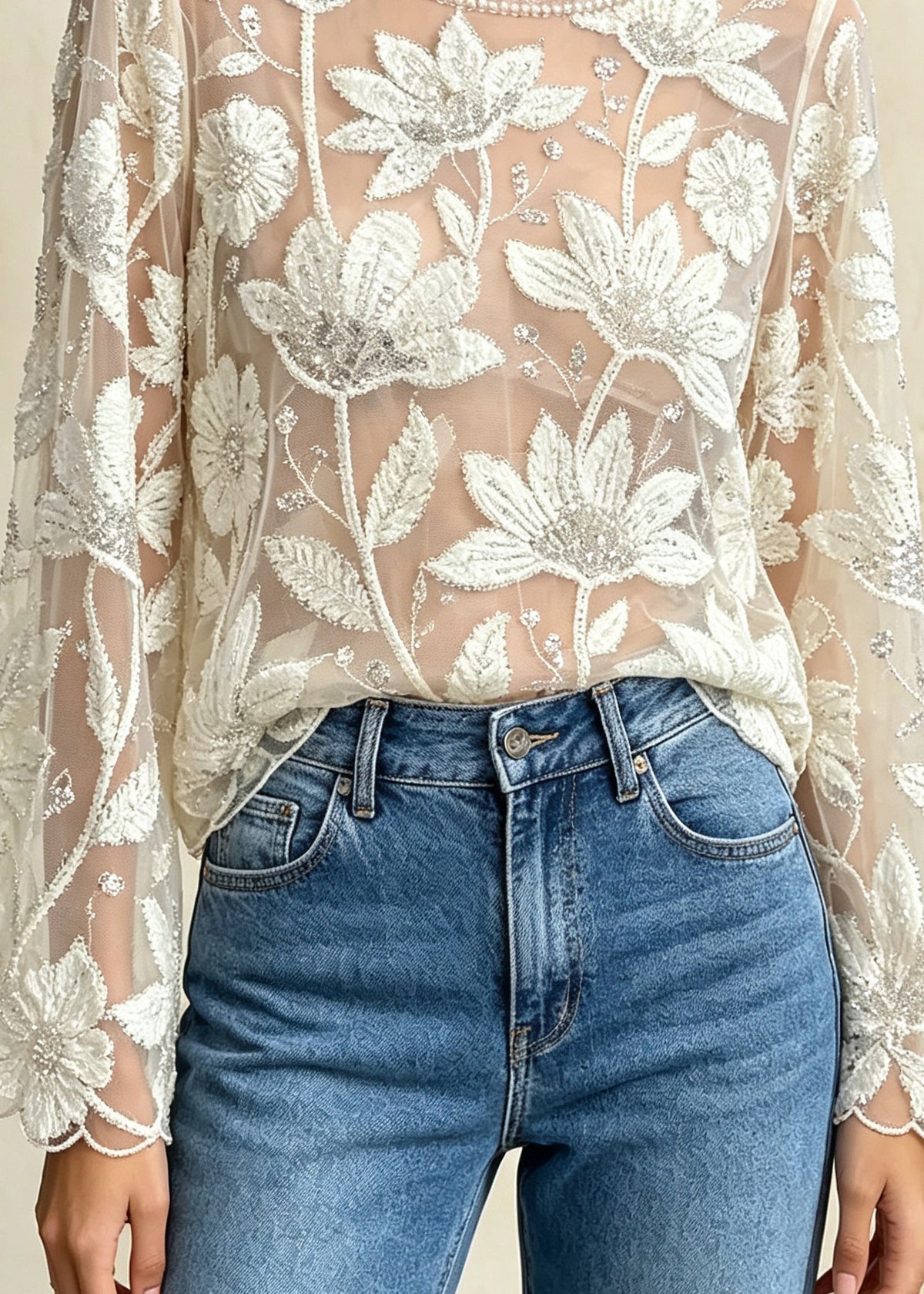 French Apricot O Neck Embroidered Floral Nail Bead Tulle Top Fall