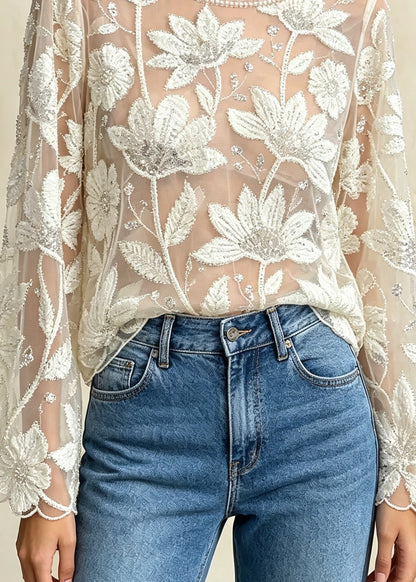 French Apricot O Neck Embroidered Floral Nail Bead Tulle Top Fall