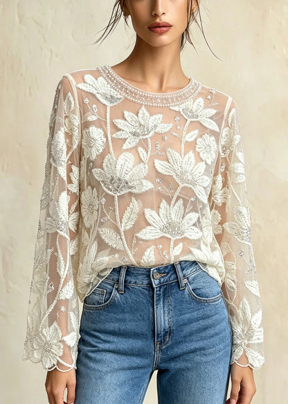 French Apricot O Neck Embroidered Floral Nail Bead Tulle Top Fall
