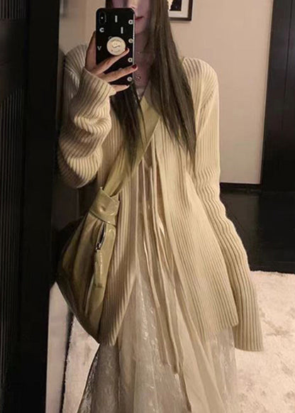 French Apricot O Neck Lace Up Knit Cardigans Spring