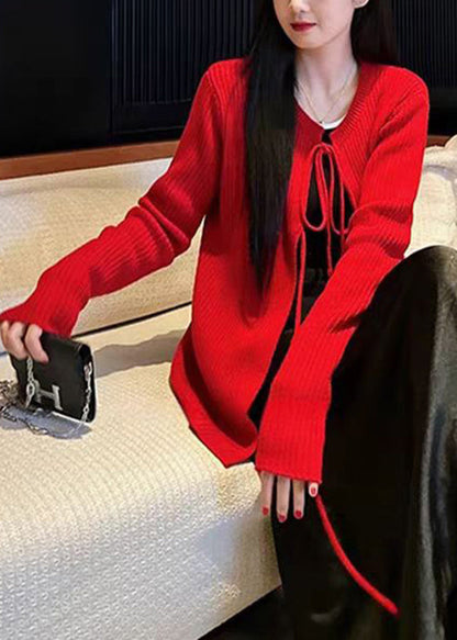 French Apricot O Neck Lace Up Knit Cardigans Spring