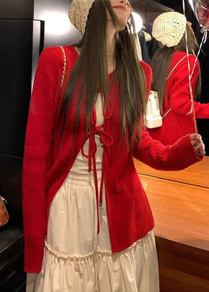 French Apricot O Neck Lace Up Knit Cardigans Spring