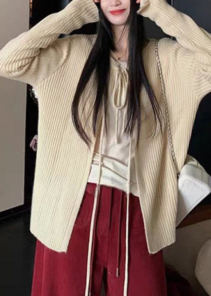 French Apricot O Neck Lace Up Knit Cardigans Spring