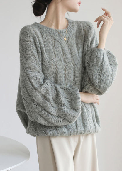 French Apricot O Neck Puff Sleeve Cable Knit Woolen Sweater