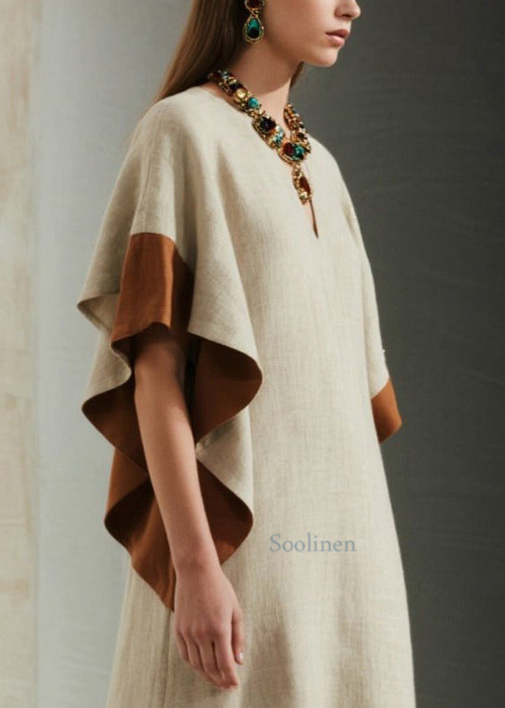 French Apricot Oversized Patchwork Cotton Long Dress Butterfly Sleeve
