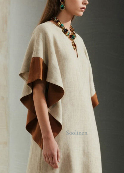 French Apricot Oversized Patchwork Cotton Long Dress Butterfly Sleeve