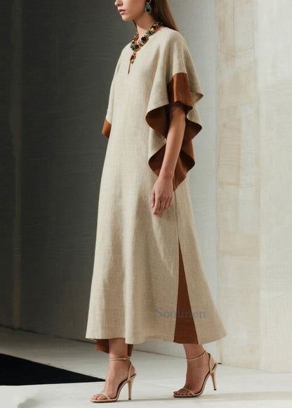 French Apricot Oversized Patchwork Cotton Long Dress Butterfly Sleeve