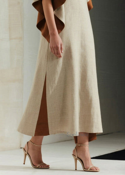 French Apricot Oversized Patchwork Cotton Long Dress Butterfly Sleeve